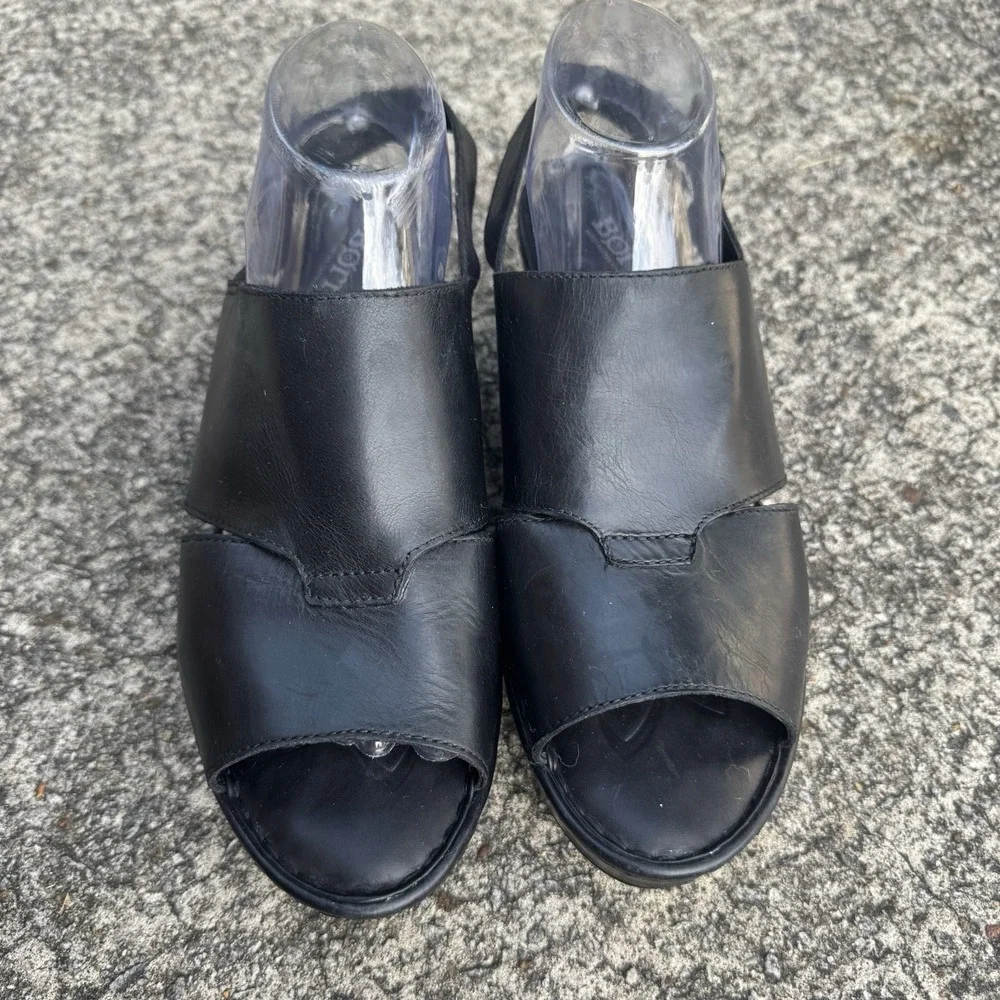 BORN Emmy Platform 4" Wedge‎ Cross Strap Women's Sz 11 M Black Leather Sandals - Picture 2 of 12